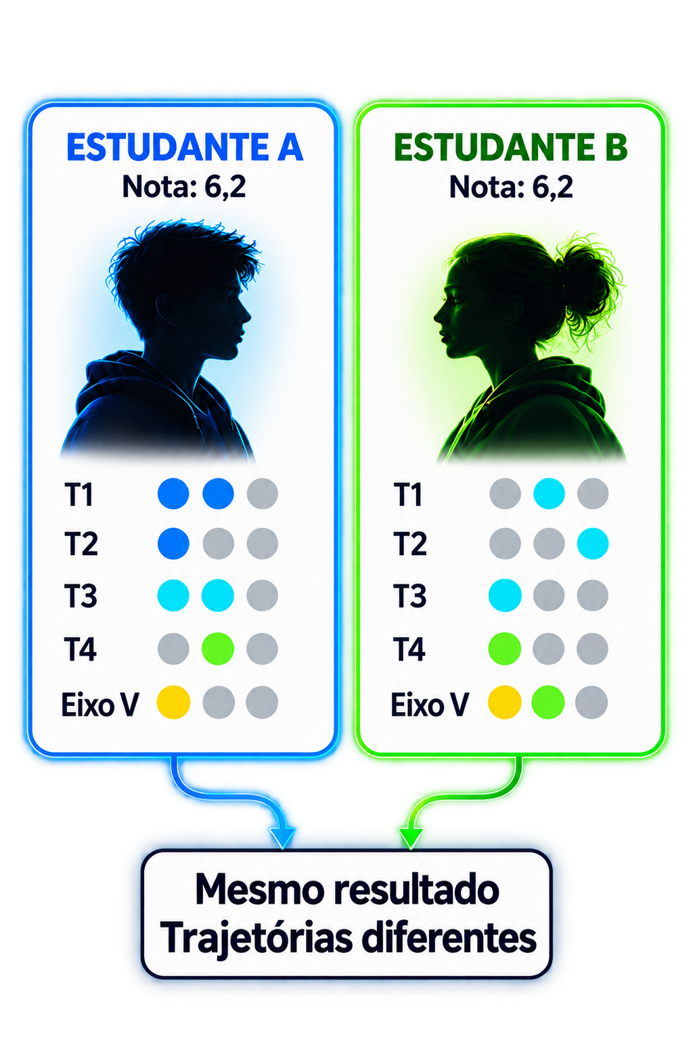 Dois estudantes com a mesma nota, mas com trajetórias e sinais diferentes.